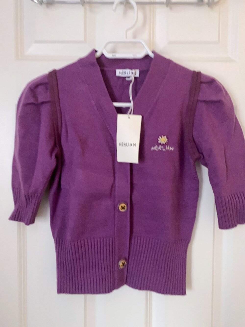 NWT Herlian Purple Knit Puff Sleeve Cardigan Sweater Top